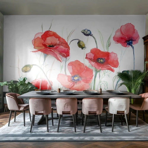 Fototapete Premium Sand - Aquarell Mohnblumen auf weißem Hintergrund - 100x70cm - Polnische Blumen - Moderne Wanddekoration für Wohnzimmer und Schlafzimmer ARTTOR