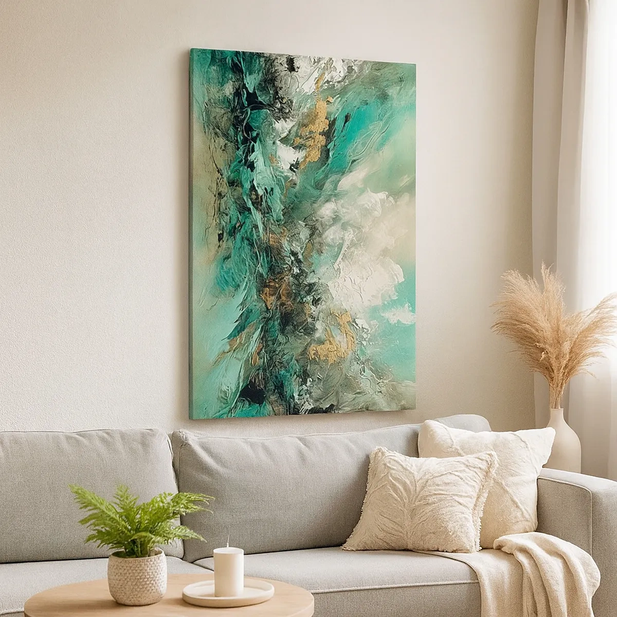 Bild auf Leinwand - Leinwandbild - Abstrakte Landschaft in Grün- und Goldtönen - 50x70cm - Smaragdgrüne und schwarze Brandung - Moderne Wanddekoration für Wohnzimmer und Schlafzimmer ARTTOR