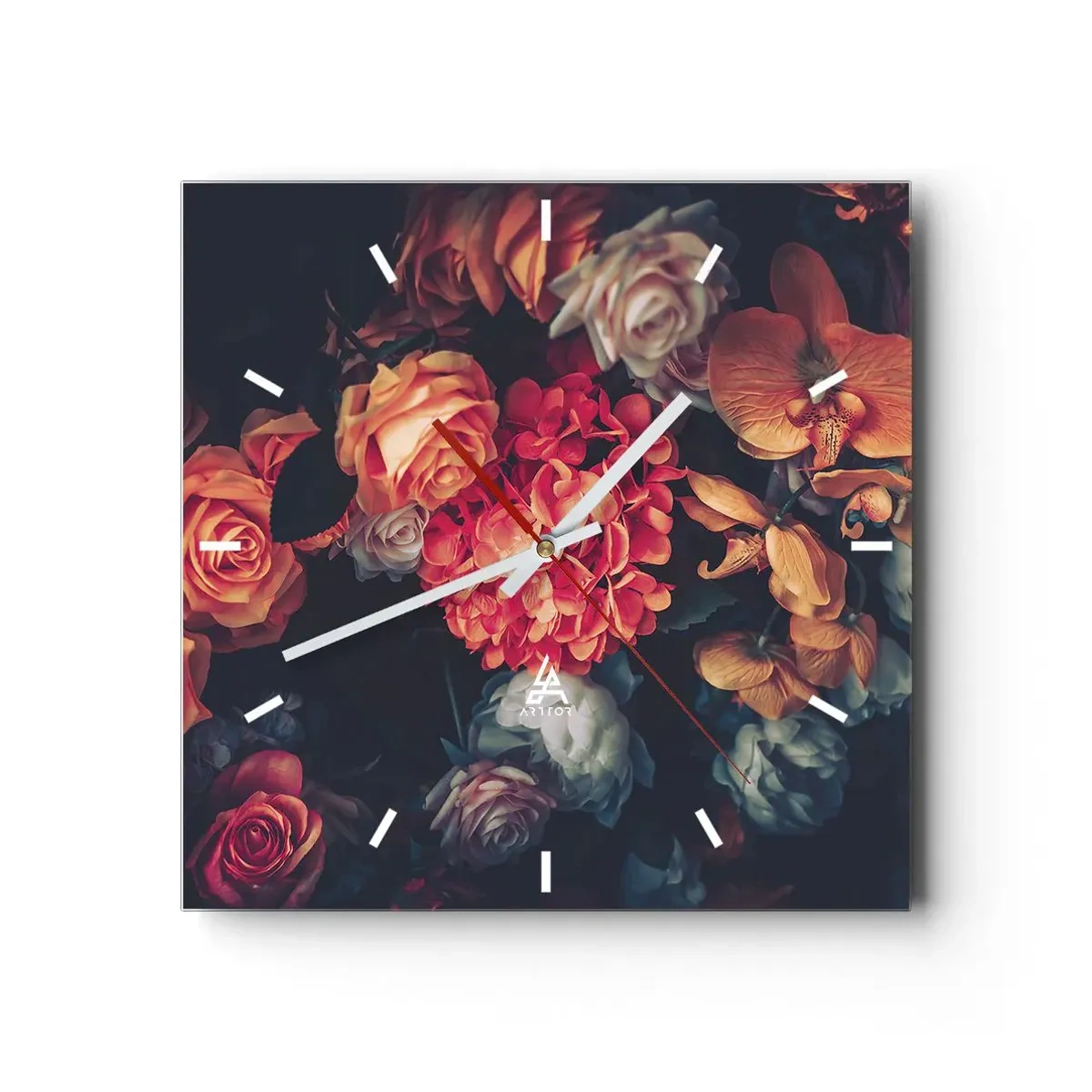 Wanduhr - Glasuhr - Ein Strauß verschiedener Blumen in dunklen Tönen - 30x30cm - Wie bei den holländischen Meistern - Moderne Wanddekoration für Wohnzimmer und Schlafzimmer ARTTOR