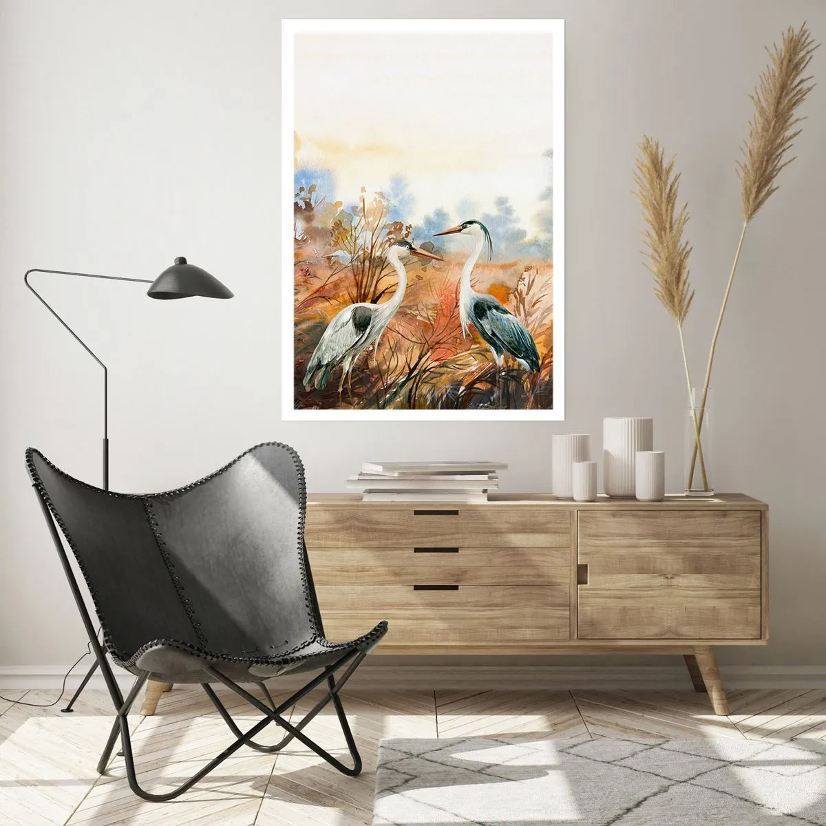 Poster - Kraniche vor dem Hintergrund einer herbstlichen Landschaft in Aquarell - 50x70cm - Wohin im Herbst? - Moderne Wanddekoration für Wohnzimmer und Schlafzimmer ARTTOR