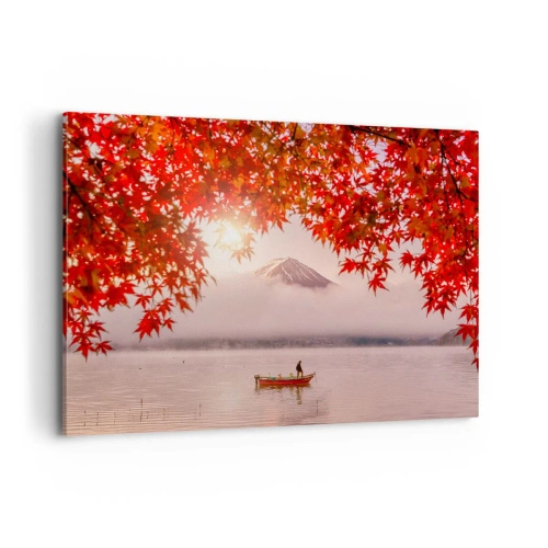Bild auf Leinwand - Leinwandbild - Ein Boot auf einem See, umgeben von roten Ahornblättern - 100x70cm - Im japanischen Klima - Moderne Wanddekoration für Wohnzimmer und Schlafzimmer ARTTOR