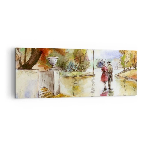 Bild auf Leinwand - Leinwandbild - Ein Spaziergang im Herbstpark mit einem Regenschirm - 140x50cm - Romantischer Herbst im Park - Moderne Wanddekoration für Wohnzimmer und Schlafzimmer ARTTOR