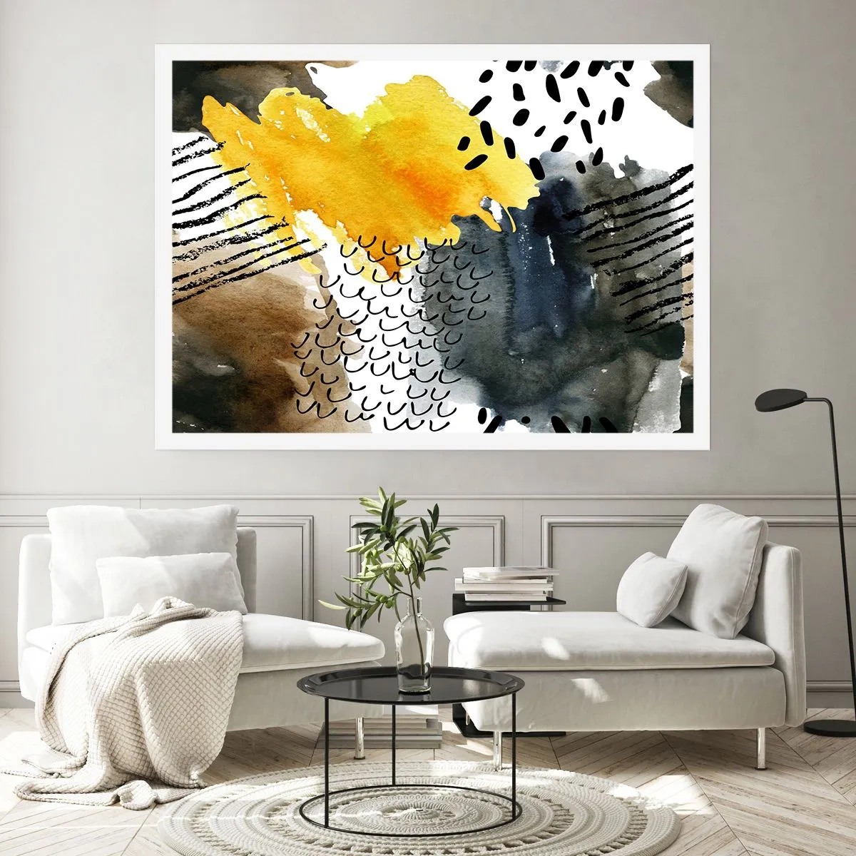 Poster - Eine abstrakte Komposition mit gelben Akzenten und grafischen Mustern. - 100x70cm - Ein Treffen der Elemente der Natur - Moderne Wanddekoration für Wohnzimmer und Schlafzimmer ARTTOR