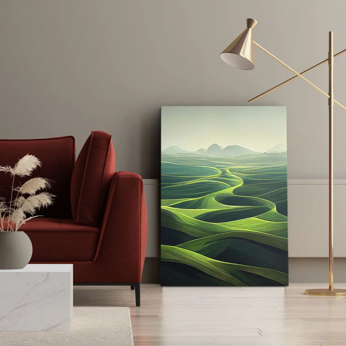 Bild auf Leinwand - Leinwandbild - Grüne Hügel mit sanften Pfaden - 50x70cm - In den grünen Tälern - Moderne Wanddekoration für Wohnzimmer und Schlafzimmer ARTTOR