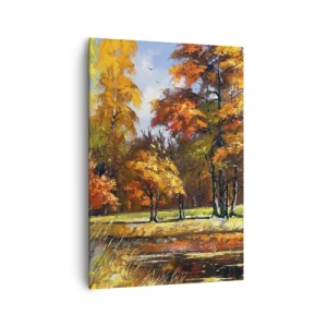 Bild auf Leinwand - Leinwandbild - Herbstlandschaft mit bunten Bäumen und einem Teich - 70x100cm - Landschaft in Gold und Bronze - Moderne Wanddekoration für Wohnzimmer und Schlafzimmer ARTTOR