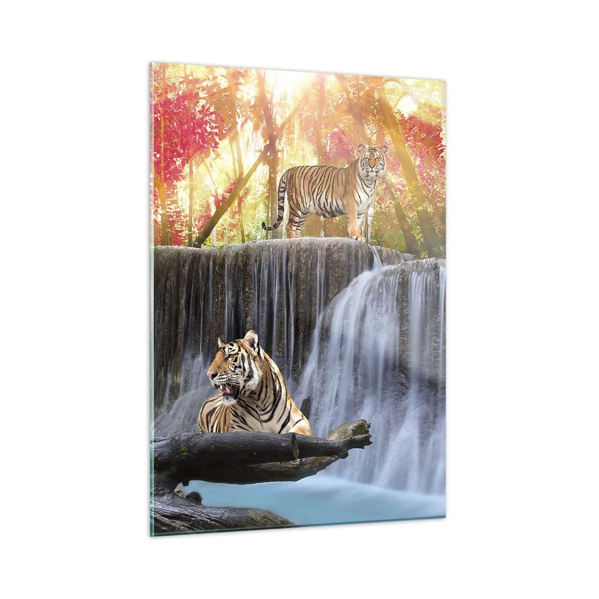 Glasbild - Bild auf glas - Tiger vor einem Wasserfall und Herbstlandschaft - 50x70cm - Surreale Landschaft - Moderne Wanddekoration für Wohnzimmer und Schlafzimmer ARTTOR