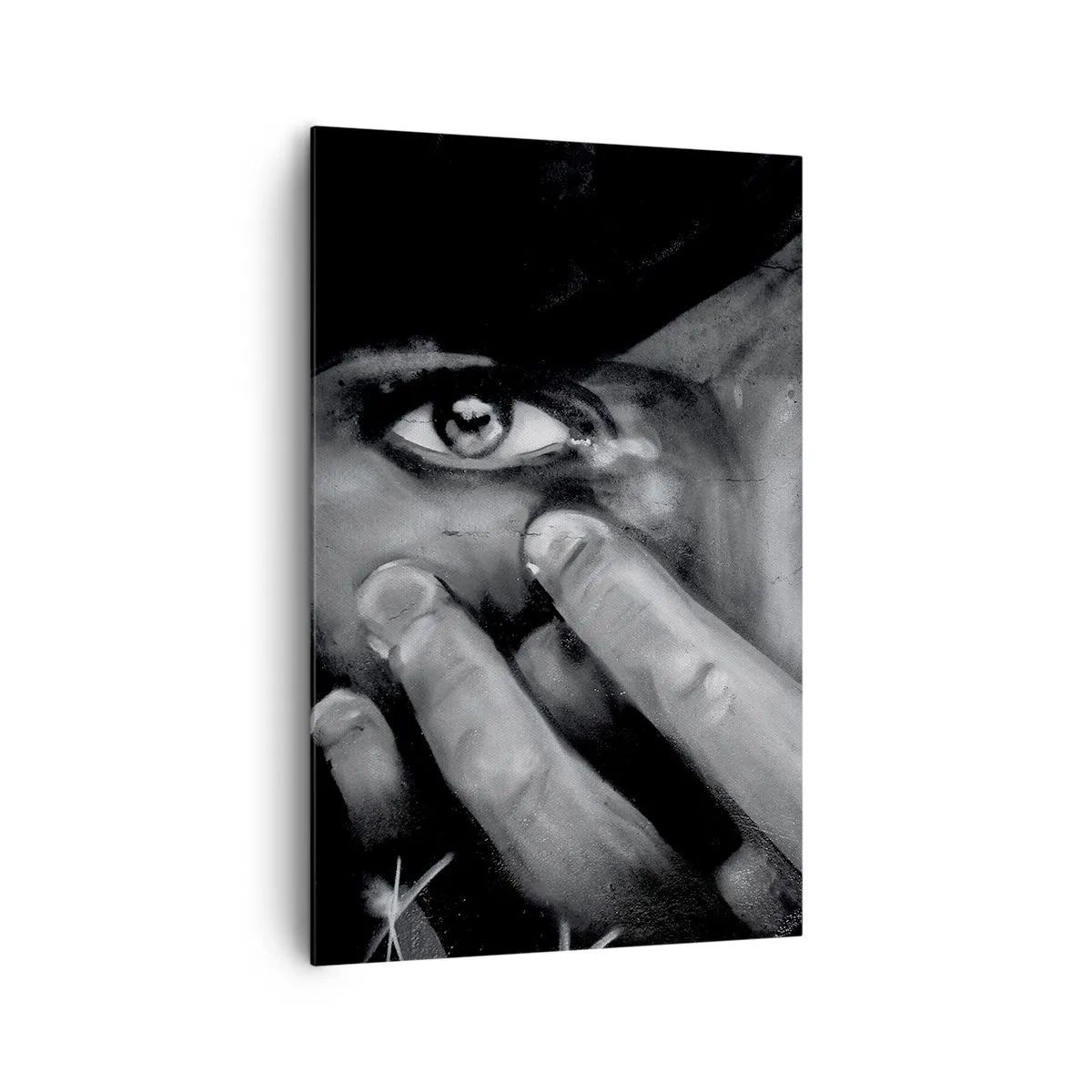 Bild auf Leinwand - Leinwandbild - Schwarz-Weiß-Porträt einer Frau, die ihr Gesicht mit den Händen bedeckt. - 80x120cm - Ich werde nicht sagen, wer es gemalt hat - Moderne Wanddekoration für Wohnzimmer und Schlafzimmer ARTTOR