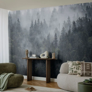 Fototapete Premium Sand - Ein nebliger Nadelwald in geheimnisvoller Umgebung - 100x70cm - Walddämmerung - Moderne Wanddekoration für Wohnzimmer und Schlafzimmer ARTTOR