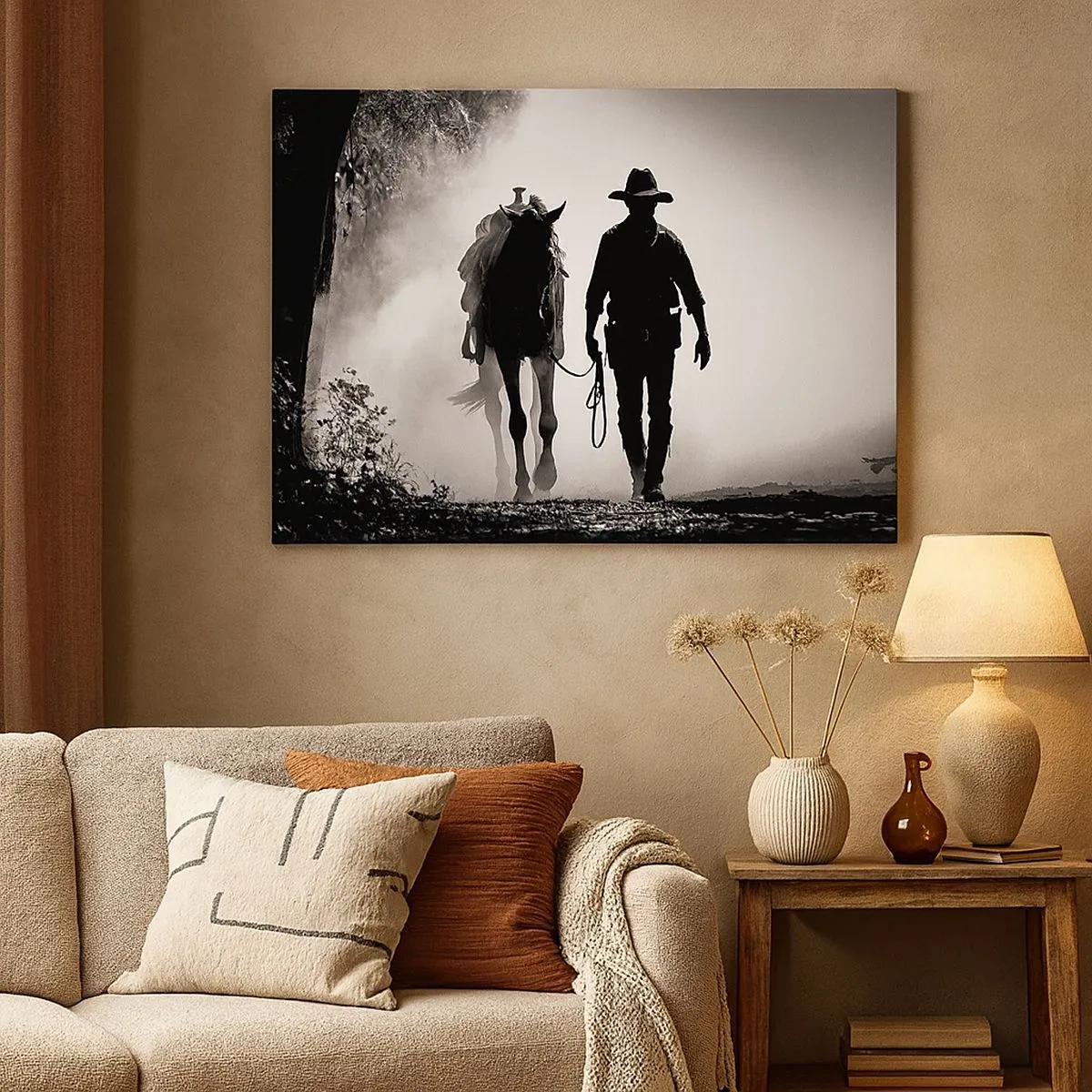 Bild auf Leinwand - Leinwandbild - Cowboy mit Pferd im Morgennebel - 70x50cm - Texas-Morgen - Moderne Wanddekoration für Wohnzimmer und Schlafzimmer ARTTOR