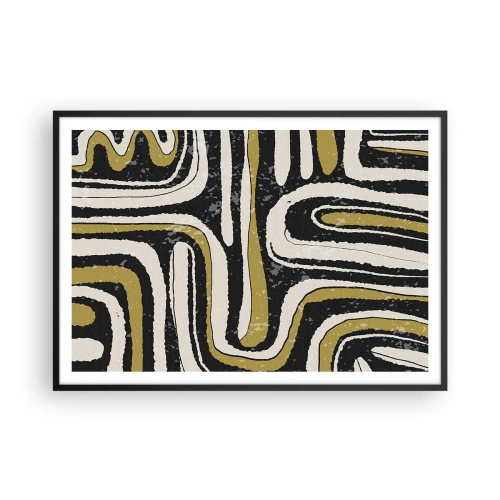 Poster in einem schwarzem Rahmen - Abstraktes Muster in Schwarz, Weiß und Gold - 100x70cm - Komposition: Straßen und Gassen - Moderne Wanddekoration für Wohnzimmer und Schlafzimmer ARTTOR