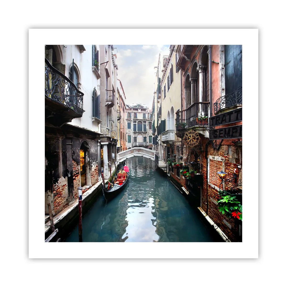 Poster - Venezianische Landschaft mit Gondel und Brücke - 50x50 cm