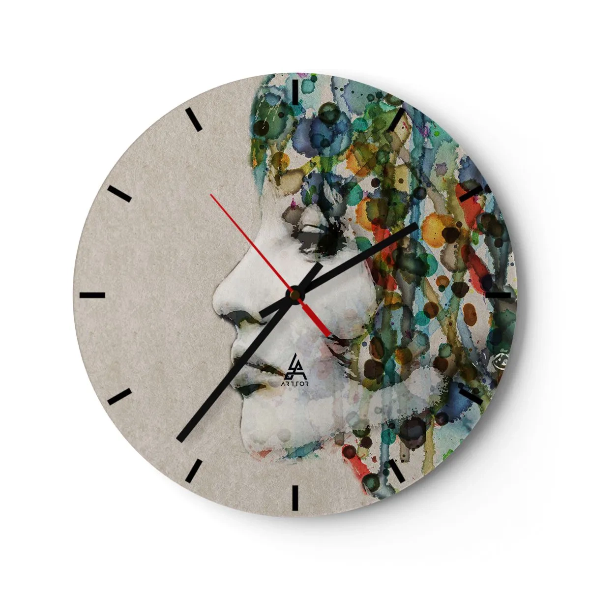Wanduhr - Glasuhr - Künstlerisches Gesichtsprofil mit bunten Akzenten auf grauem Hintergrund - 30x30cm - Sie tauchte aus dem Grau auf - Moderne Wanddekoration für Wohnzimmer, Küche und Schlafzimmer ARTTOR