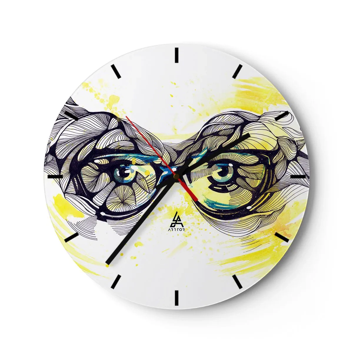 Wanduhr - Glasuhr - Blaue Brille im künstlerischen Stil mit geometrischen Details und gelbem Hintergrund. - 30x30cm - Durch blaue Brille - Moderne Wanddekoration für Wohnzimmer, Küche und Schlafzimmer ARTTOR
