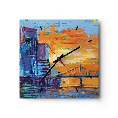Wanduhr - Glasuhr - Eine farbenfrohe Stadt mit einer Brücke in der untergehenden Sonne - 30x30cm - Kultur und Natur - Moderne Wanddekoration für Wohnzimmer und Schlafzimmer ARTTOR