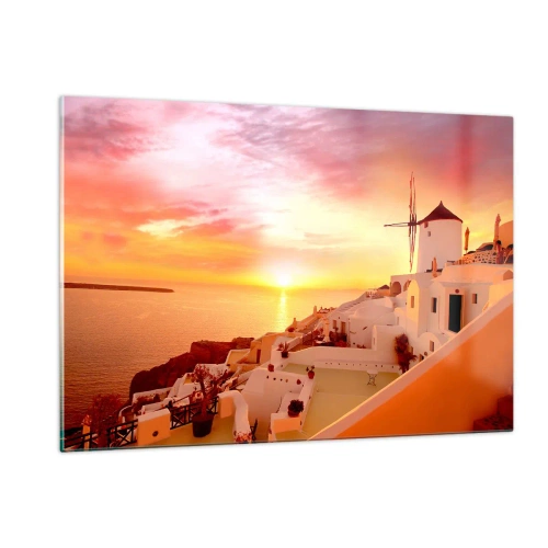 Glasbild - Bild auf glas - Sonnenuntergang über Santorini mit weißen Gebäuden und einer Windmühle - 120x80cm - In Weiß und Gold schmelzen - Moderne Wanddekoration für Wohnzimmer und Schlafzimmer ARTTOR