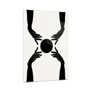 Glasbild - Bild auf glas - Schwarze Hände in einer symmetrischen Komposition mit einer Kugel - 70x100cm - Geheimes Zeichen - Moderne Wanddekoration für Wohnzimmer und Schlafzimmer ARTTOR