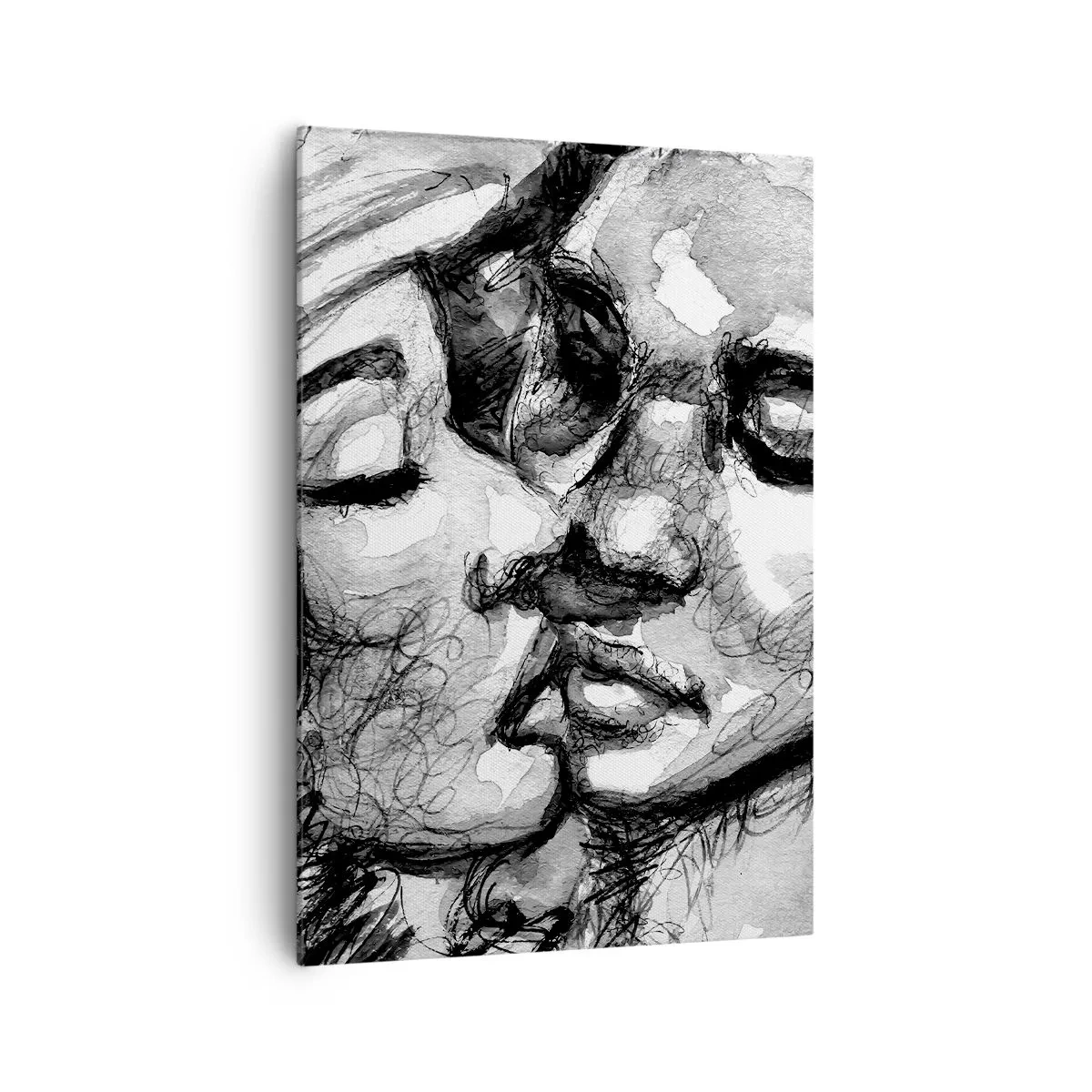Bild auf Leinwand - Leinwandbild - Ein schwarz-weißes Aquarell, das einen intimen Moment zwischen zwei Menschen darstellt. - 70x100cm - Zärtlicher Moment - Moderne Wanddekoration für Wohnzimmer und Schlafzimmer ARTTOR