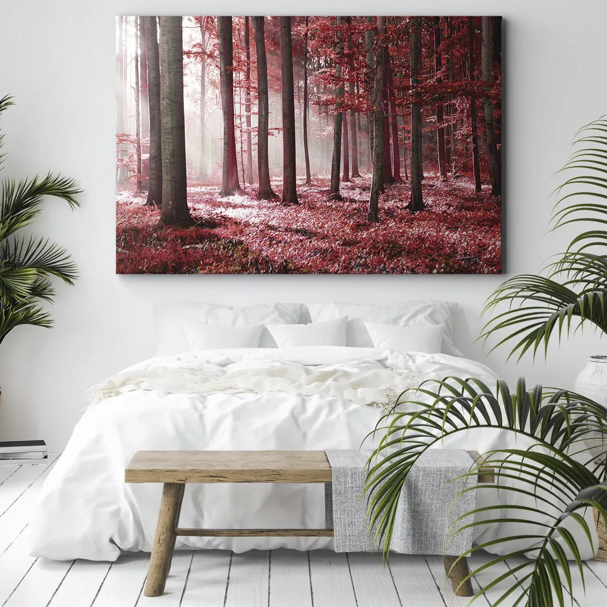 Bild auf Leinwand - Leinwandbild - Ein atemberaubender Wald in roten Farbtönen mit Lichtstrahlen, die durch die Bäume dringen - 120x80cm - Rot ist genauso schön - Moderne Wanddekoration für Wohnzimmer und Schlafzimmer ARTTOR