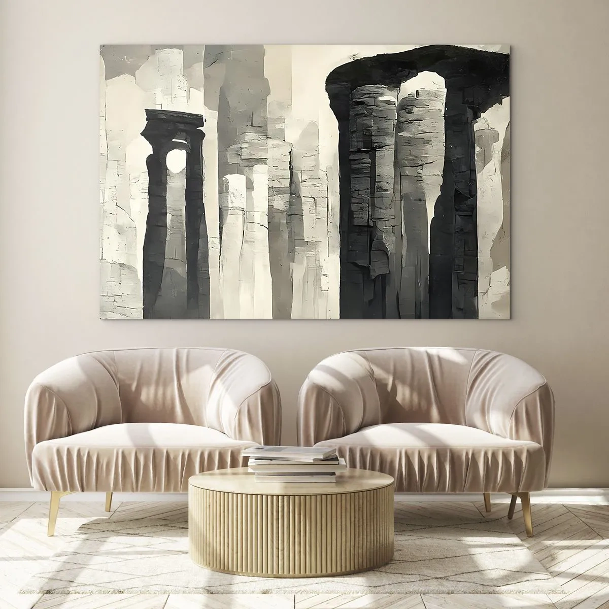 Glasbild - Bild auf glas - Steinsäulen im antiken Stil in einer neutralen Farbpalette - 120x80cm - Majestät der Antike - Moderne Wanddekoration für Wohnzimmer und Schlafzimmer ARTTOR