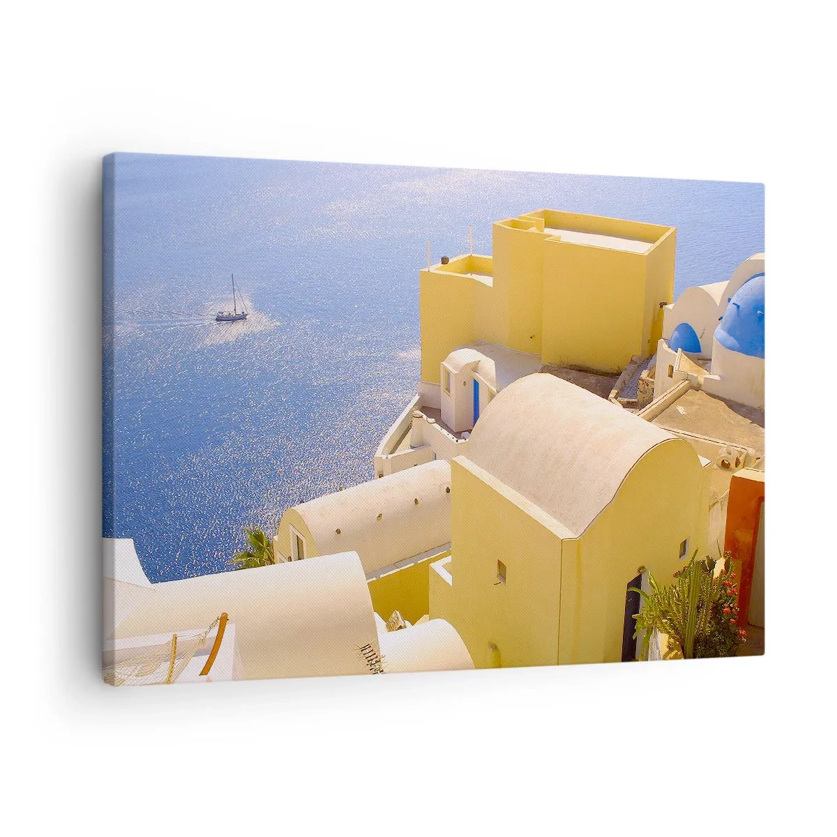 Bild auf Leinwand - Leinwandbild - Griechische Architektur mit Meerblick und einem Boot im Hintergrund - 70x50cm - Griechische Landschaft in Weiß und Blau - Moderne Wanddekoration für Wohnzimmer und Schlafzimmer ARTTOR