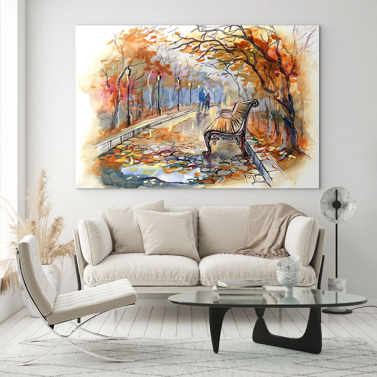 Glasbild - Bild auf glas - Eine herbstliche Allee mit einer Bank im künstlerischen Aquarellstil - 120x80cm - Gemeinsam im Herbst wandern - Moderne Wanddekoration für Wohnzimmer und Schlafzimmer ARTTOR