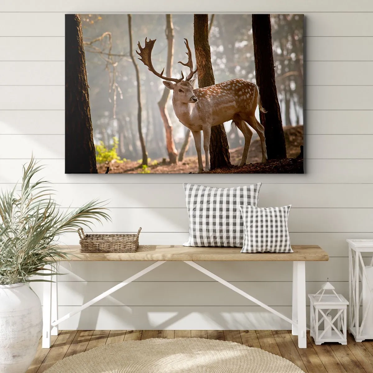 Bild auf Leinwand - Leinwandbild - Hirsche im Wald im Morgennebel - 100x70cm - Das Licht der Jugend - Moderne Wanddekoration für Wohnzimmer und Schlafzimmer ARTTOR