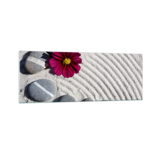 Glasbild - Bild auf glas - Steine und eine rosa Blume auf dem Sand im Zen-Stil - 140x50cm - Energie und Ruhe des Zauberkreises der Natur - Moderne Wanddekoration für Wohnzimmer und Schlafzimmer ARTTOR