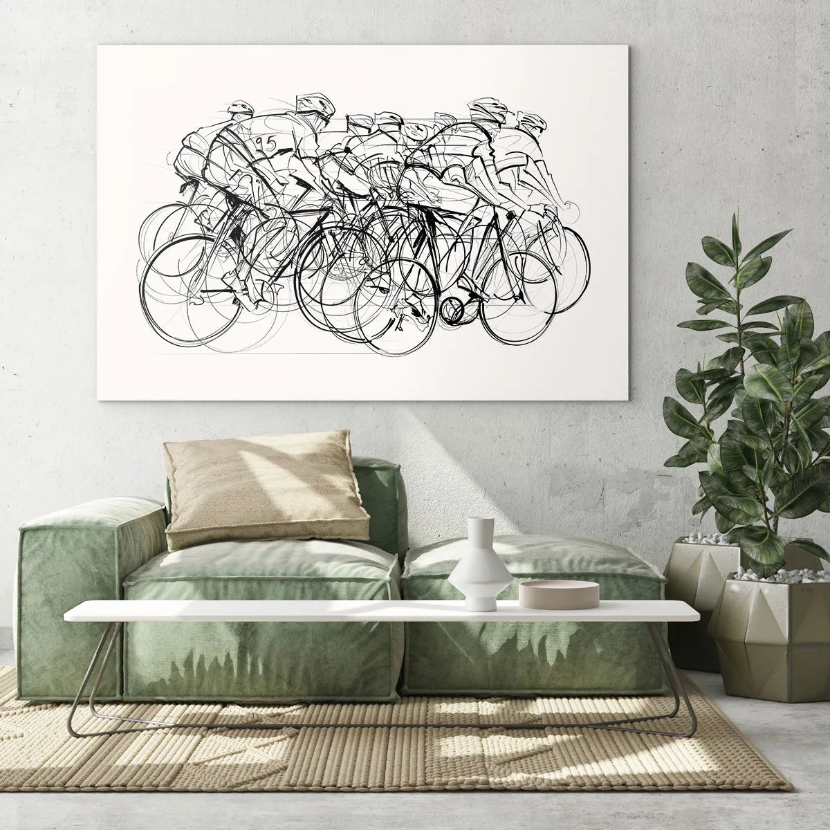 Glasbild - Bild auf glas - Skizze einer Gruppe von Radfahrern während eines Rennens vor weißem Hintergrund - 100x70cm - Gemeinsam als Team - Moderne Wanddekoration für Wohnzimmer und Schlafzimmer ARTTOR
