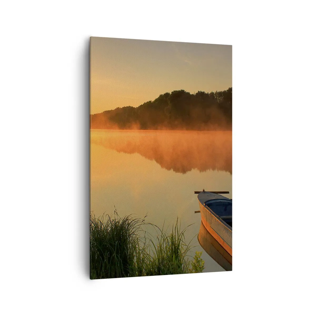 Bild auf Leinwand - Leinwandbild - Morgennebel über dem Fluss mit einem Boot in den Sonnenstrahlen - 80x120cm - Sonnenaufgang über dem Wasser wie ein Spiegel - Moderne Wanddekoration für Wohnzimmer und Schlafzimmer ARTTOR