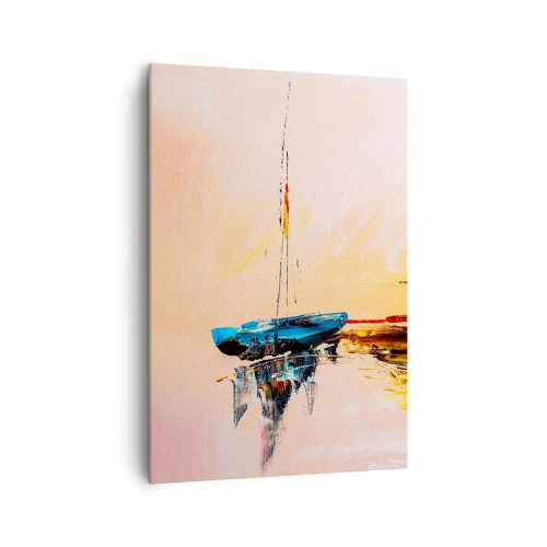 Bild auf Leinwand - Leinwandbild - Bunte Boote auf ruhigem Wasser bei Sonnenuntergang - 70x100cm - Abend im Yachthafen - Moderne Wanddekoration für Wohnzimmer und Schlafzimmer ARTTOR