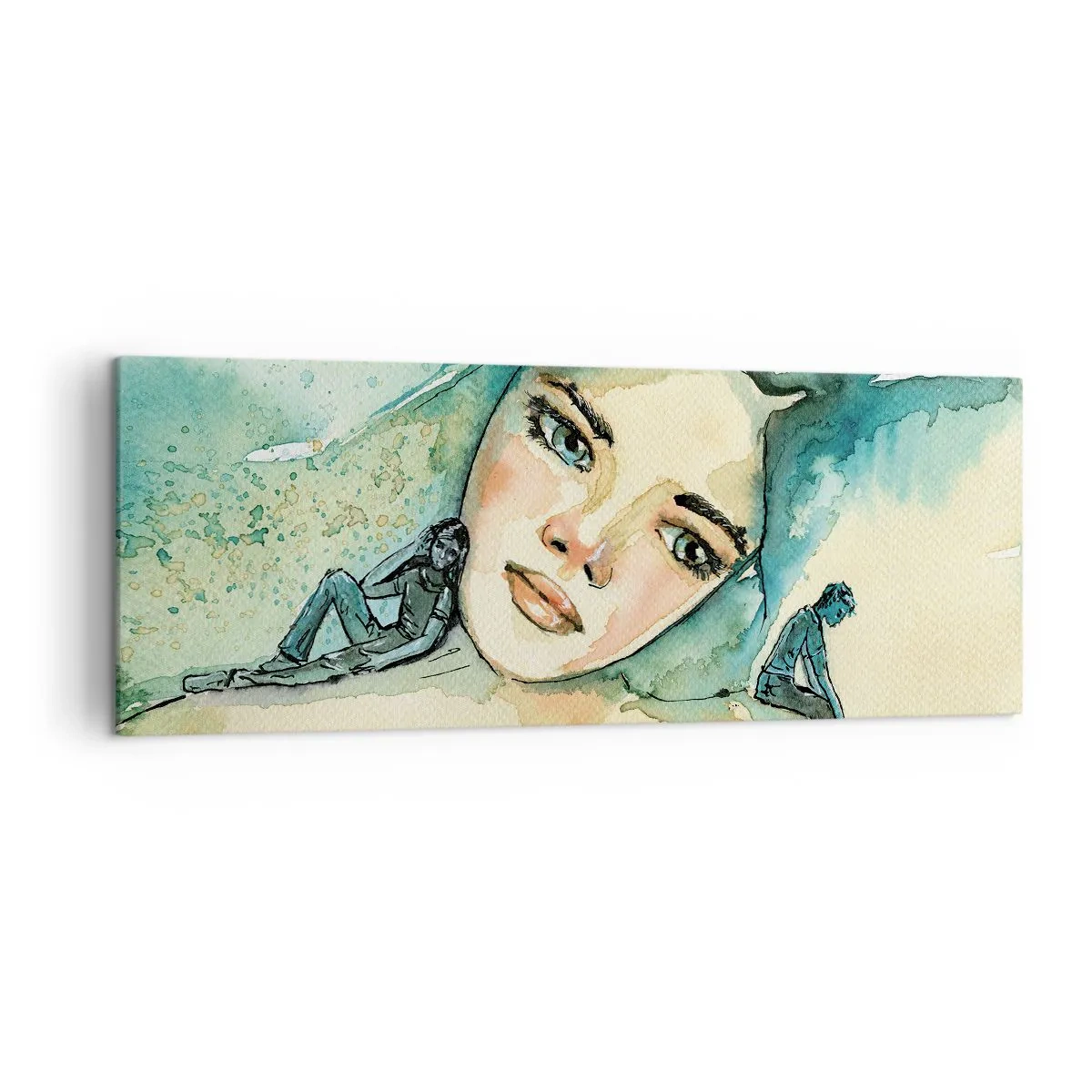Bild auf Leinwand - Leinwandbild - Aquarell eines Frauengesichts mit reflektierendem Motiv - 140x50cm - Bin ich blau? - Moderne Wanddekoration für Wohnzimmer und Schlafzimmer ARTTOR