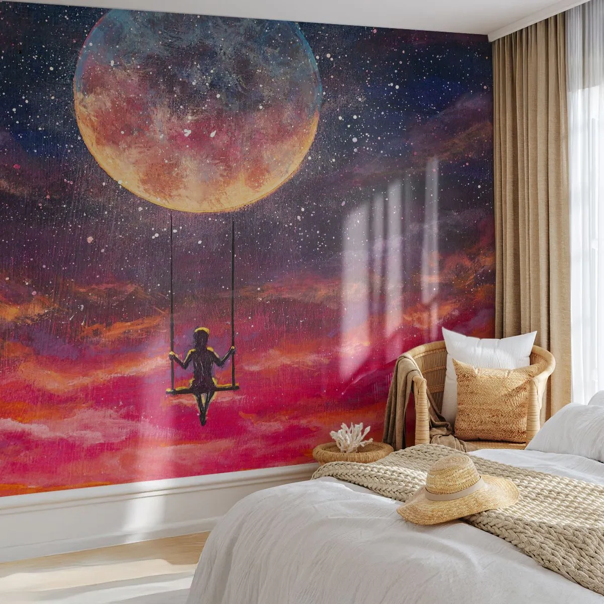 Fototapete Standard Eco - Ein Mädchen auf einer Schaukel, die auf dem Mond zwischen den Wolken schwebt - 100x70cm - Traum - Moderne Wanddekoration für Wohnzimmer und Schlafzimmer ARTTOR