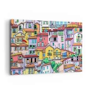 Bild auf Leinwand - Leinwandbild - Bunte Mietshäuser im lebendigen, fröhlichen Stil - 120x80cm - Lustige Stadt - Moderne Wanddekoration für Wohnzimmer und Schlafzimmer ARTTOR