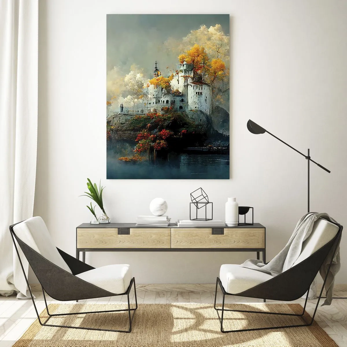 Glasbild - Bild auf glas - Eine Burg auf einem Felsen, umgeben von Nebel und Herbstbäumen - 50x70cm - Beginn einer romantischen Geschichte - Moderne Wanddekoration für Wohnzimmer und Schlafzimmer ARTTOR