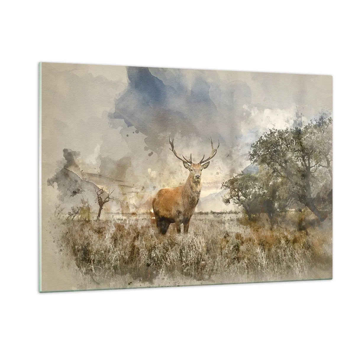 Glasbild - Bild auf glas - Ein Hirsch in einer natürlichen Landschaft mit dezenten Farben im Hintergrund - 120x80cm - Würde – Stärke – Würde - Moderne Wanddekoration für Wohnzimmer und Schlafzimmer ARTTOR