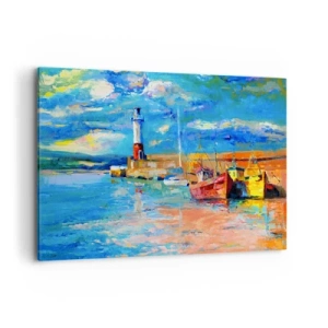 Bild auf Leinwand - Leinwandbild - Fischerhafen mit Booten und einem Leuchtturm in leuchtenden Farben - 120x80cm - Ein Nachmittag in der Regenbogenbucht - Moderne Wanddekoration für Wohnzimmer und Schlafzimmer ARTTOR