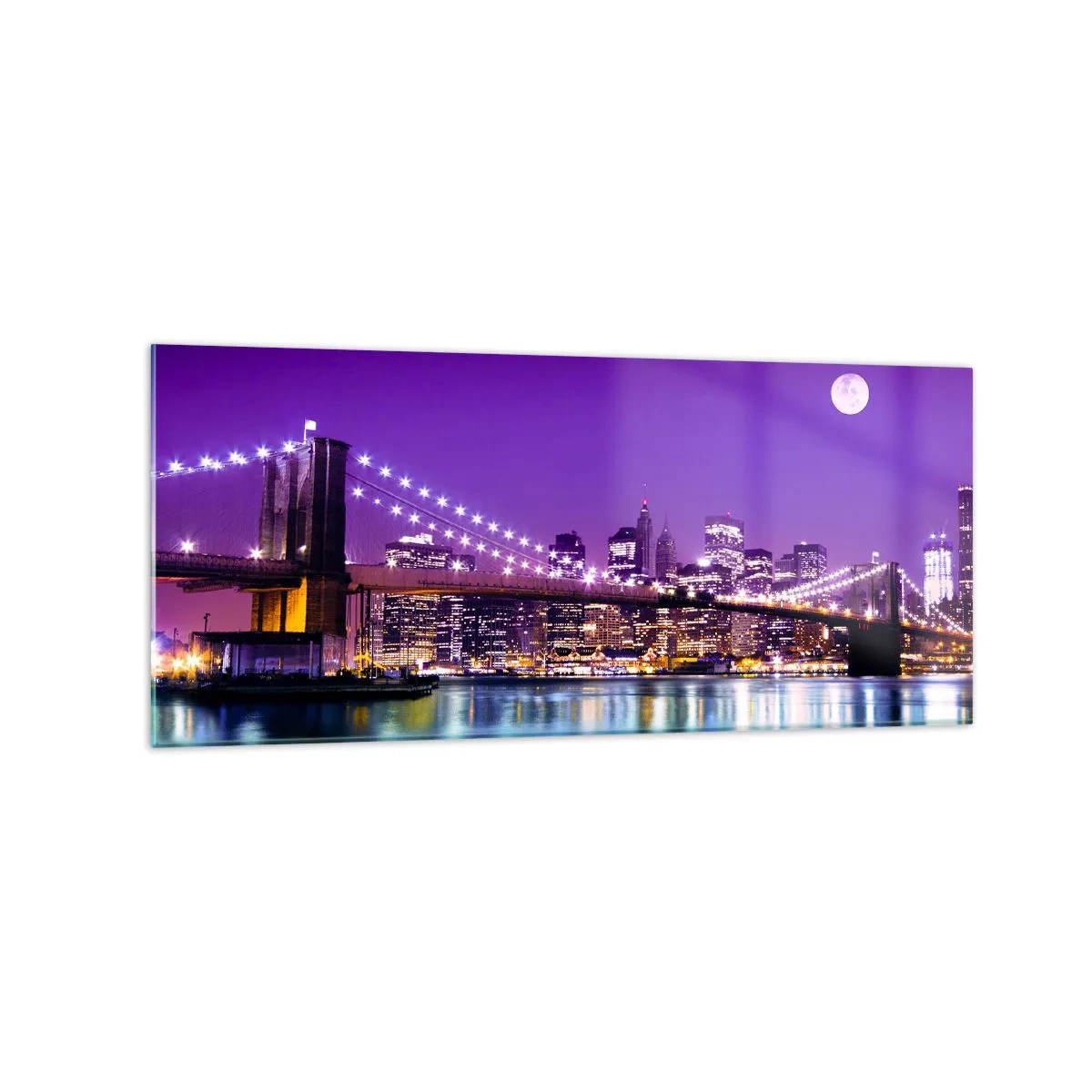 Glasbild - Bild auf glas - Brooklyn Bridge bei Nacht mit beleuchteter Stadt und Vollmond - 120x50cm - Die Lichter der Großstadt in Lila - Moderne Wanddekoration für Wohnzimmer und Schlafzimmer ARTTOR