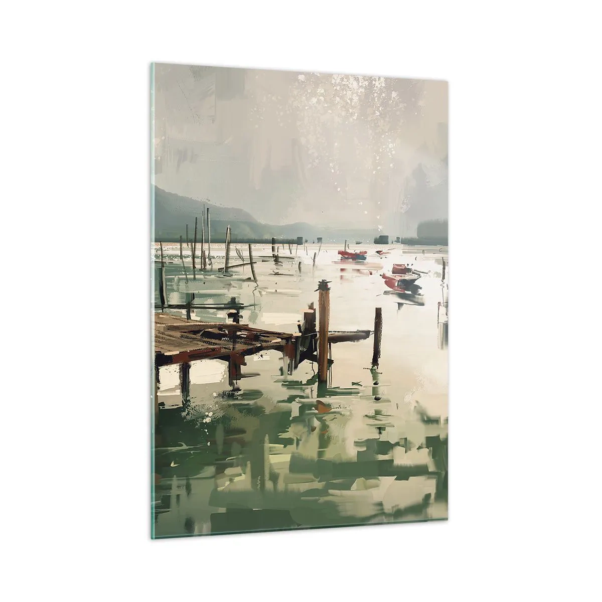Glasbild - Bild auf glas - Ein Holzsteg und Boote auf ruhigem Wasser, umgeben von Bergen - 50x70cm - Durchnässt in einem geschmolzenen Mond - Moderne Wanddekoration für Wohnzimmer und Schlafzimmer ARTTOR