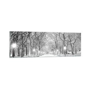 Glasbild - Bild auf glas - Eine Winterallee mit schneebedeckten Bäumen in Monochrom - 160x50cm - Vier Jahreszeiten - Winter - Moderne Wanddekoration für Wohnzimmer und Schlafzimmer ARTTOR