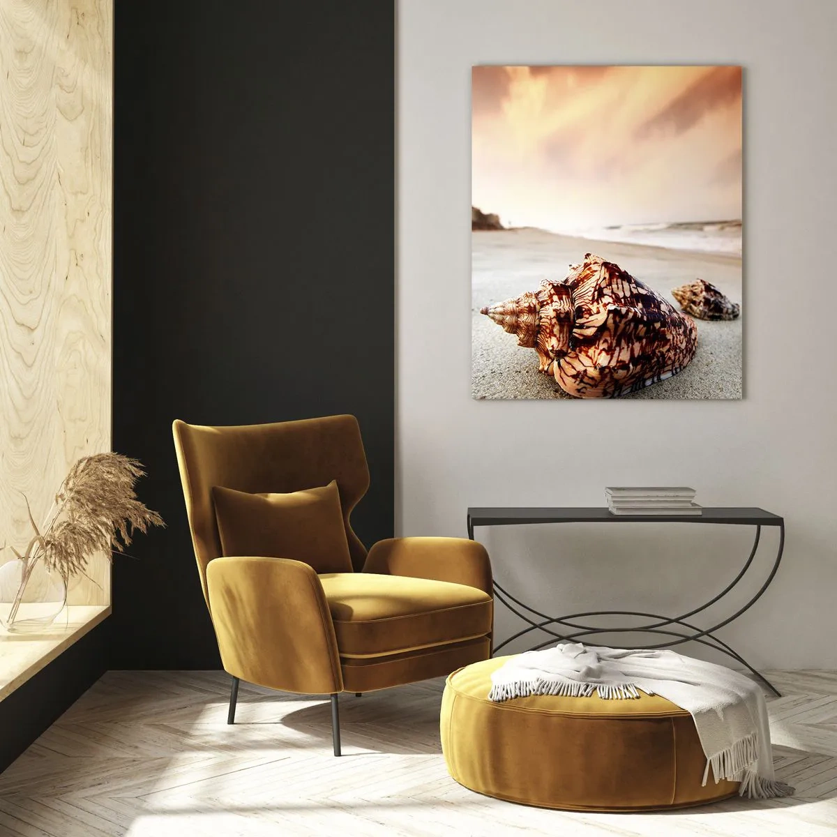 Glasbild - Bild auf glas - Muscheln am Strand bei Sonnenuntergang - 50x70cm - Ausgestoßene von Wellen - Moderne Wanddekoration für Wohnzimmer und Schlafzimmer ARTTOR