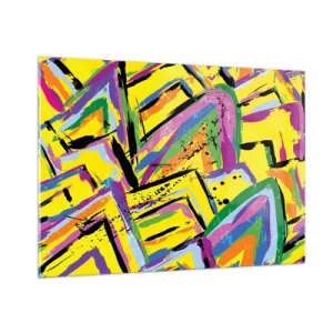 Glasbild - Bild auf glas - Intensive Abstraktion in leuchtenden Farben auf gelbem Hintergrund - 100x70cm - Bis sie vor Freude schreit - Moderne Wanddekoration für Wohnzimmer und Schlafzimmer ARTTOR