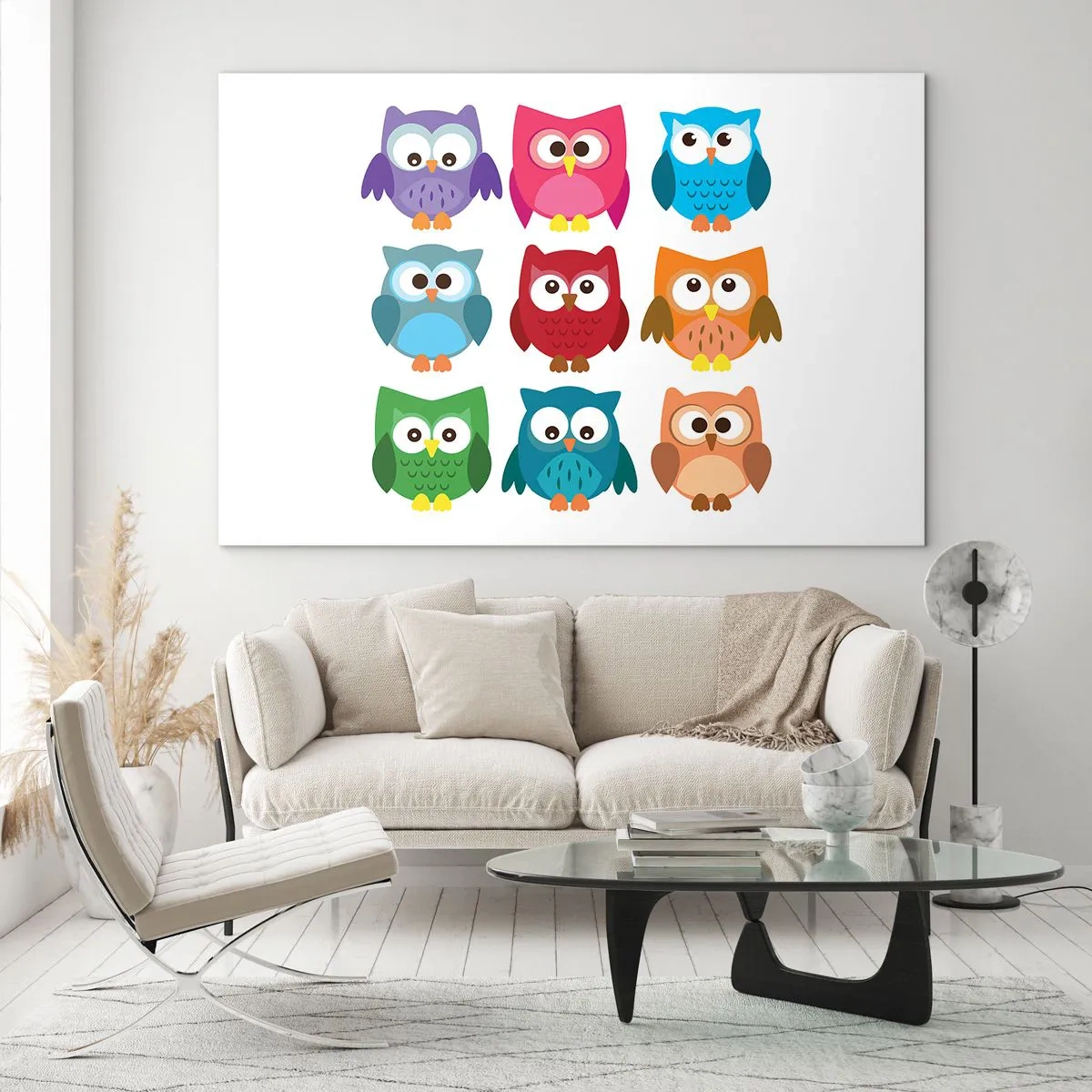 Glasbild - Bild auf glas - Bunte Eulen im Cartoon-Stil auf weißem Hintergrund - 70x50cm - Es macht Spaß, anders zu sein - Moderne Wanddekoration für Wohnzimmer und Schlafzimmer ARTTOR