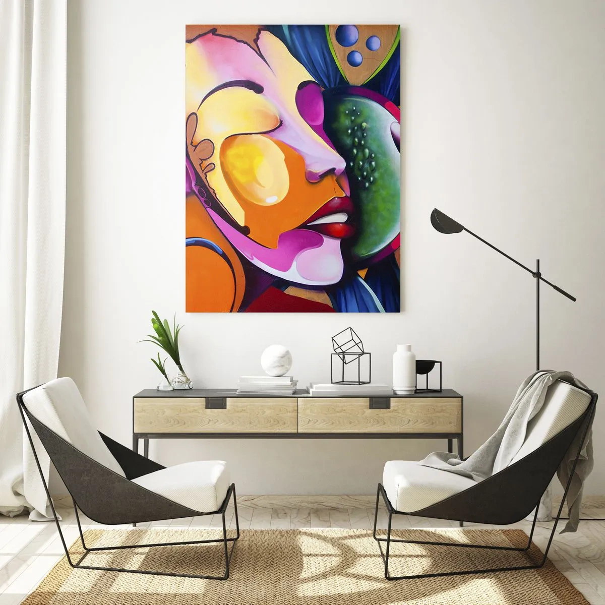 Glasbild - Bild auf glas - Bunte Abstraktion von Gesichtern im Street-Art-Stil - 50x70cm - Mit Farbe berühren - Moderne Wanddekoration für Wohnzimmer und Schlafzimmer ARTTOR