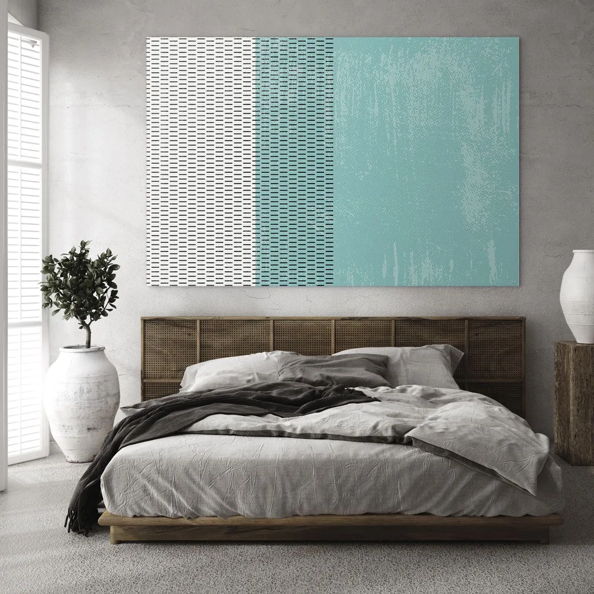 Glasbild - Bild auf glas - Moderne Abstraktion in Türkis und Weiß - 70x50cm - Eine ausgewogene Komposition - Moderne Wanddekoration für Wohnzimmer und Schlafzimmer ARTTOR
