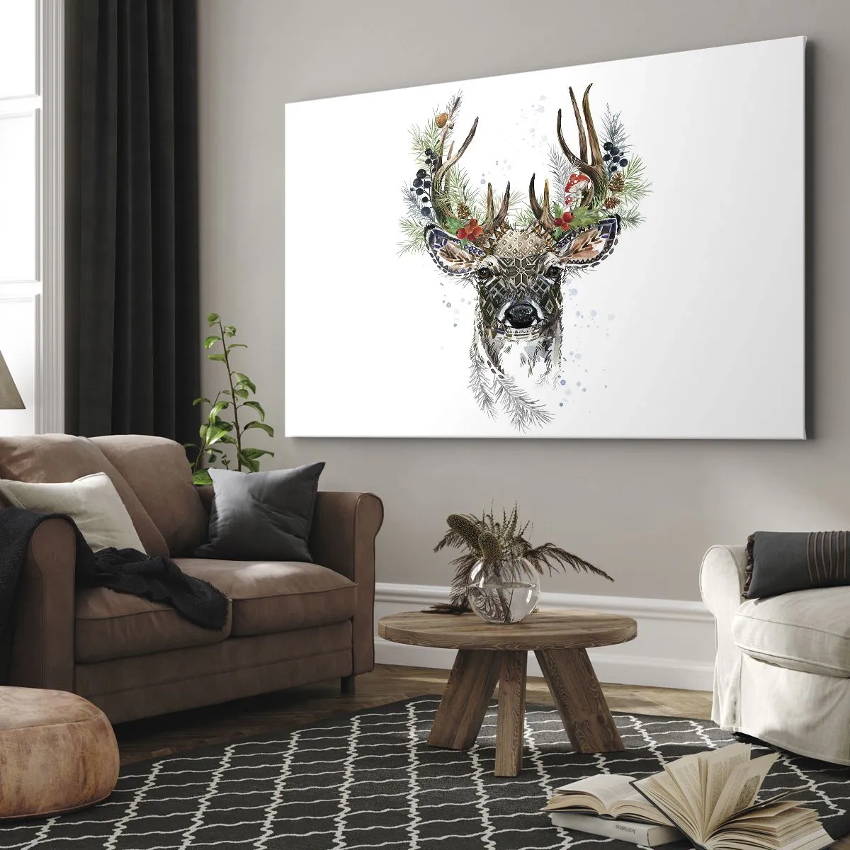 Bild auf Leinwand - Leinwandbild - Stilisierter Hirsch mit dekorativem Geweih auf weißem Hintergrund - 70x50cm - Im festlichen Gewand - Moderne Wanddekoration für Wohnzimmer und Schlafzimmer ARTTOR