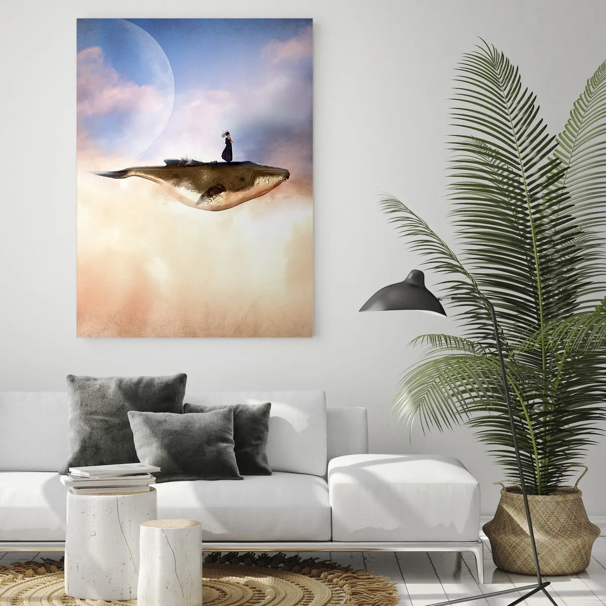 Glasbild - Bild auf glas - Eine fantastische Szene einer Frau auf einem Wal zwischen den Wolken - 80x120cm - Eine echte Reise - Moderne Wanddekoration für Wohnzimmer und Schlafzimmer ARTTOR