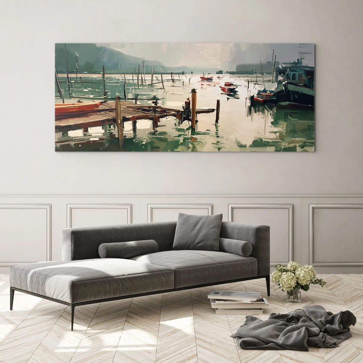 Glasbild - Bild auf glas - Ein malerischer Hafen mit Booten auf ruhigem Wasser - 120x50cm - Durchnässt in einem geschmolzenen Mond - Moderne Wanddekoration für Wohnzimmer und Schlafzimmer ARTTOR
