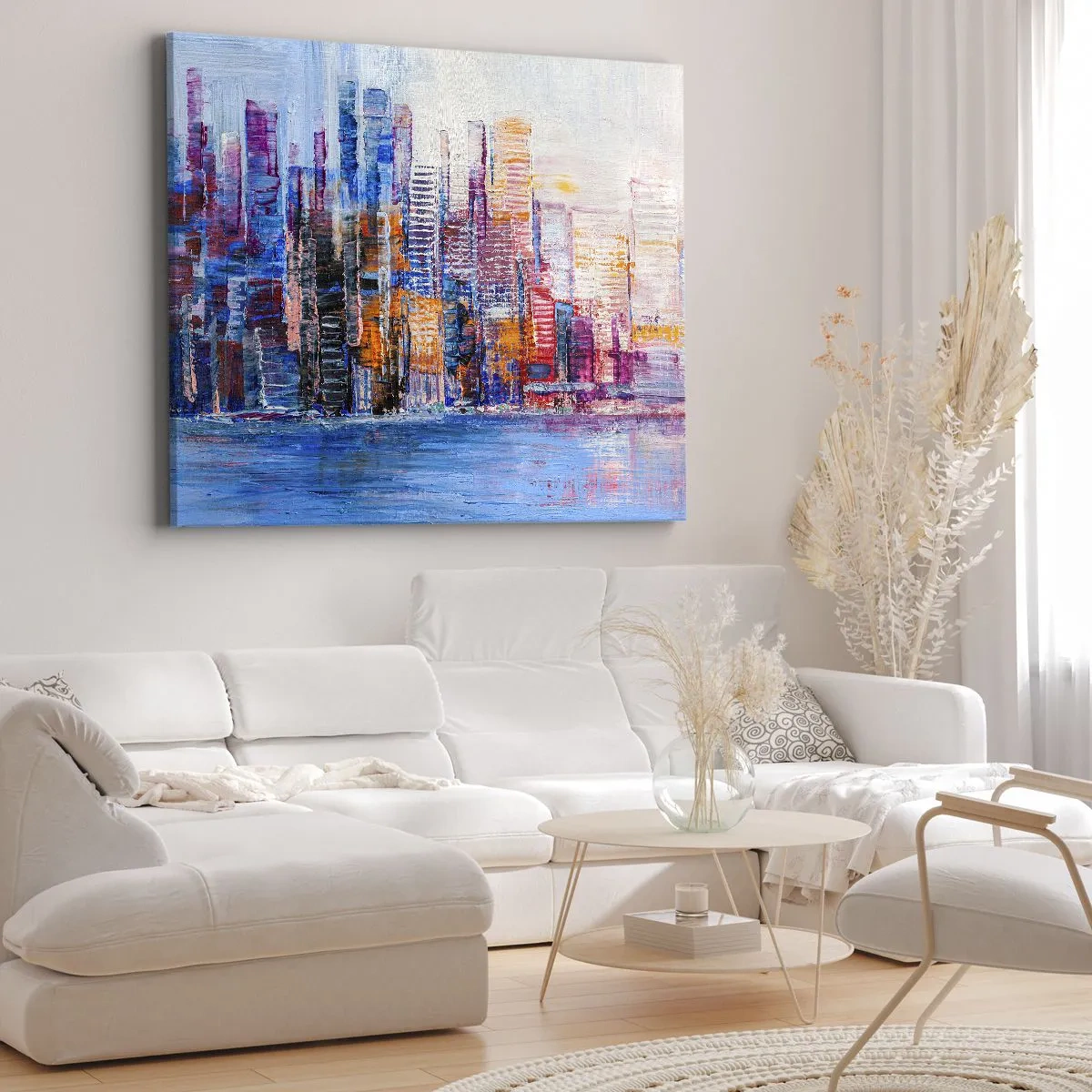 Bild auf Leinwand - Leinwandbild - Ein farbenfrohes Panorama der Stadt mit Spiegelungen auf dem Wasser - 70x50cm - Fröhliche Metropole - Moderne Wanddekoration für Wohnzimmer und Schlafzimmer ARTTOR