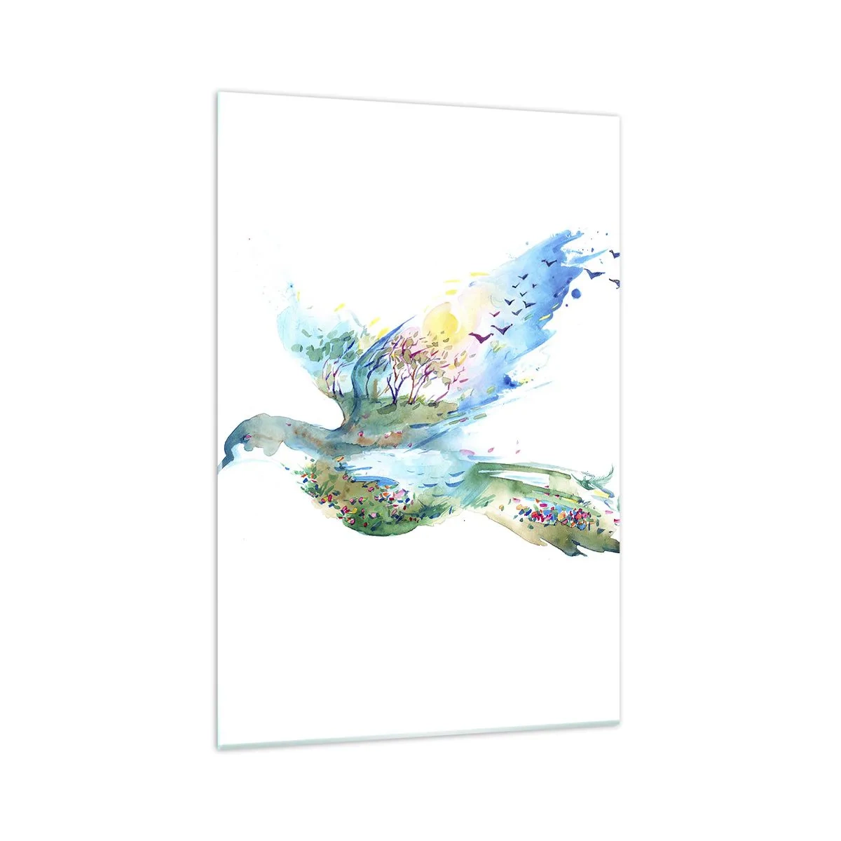 Glasbild - Bild auf glas - Aquarellkomposition eines Vogels mit Elementen der Natur - 70x100cm - Auf den Flügeln der Natur - Moderne Wanddekoration für Wohnzimmer und Schlafzimmer ARTTOR