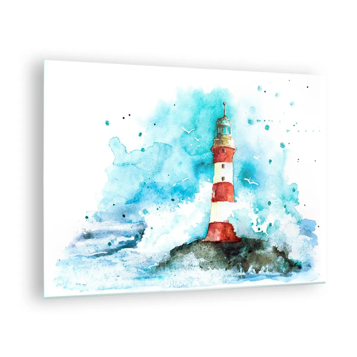 Glasbild - Bild auf glas - Ein Leuchtturm, umgeben von Meereswellen im Aquarellstil - 70x50cm - Einheit der Elemente - Moderne Wanddekoration für Wohnzimmer und Schlafzimmer ARTTOR
